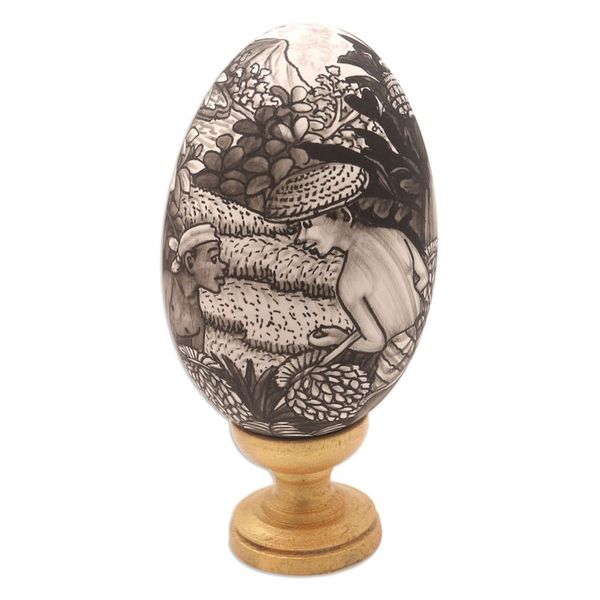 Alternate image for Artisan Crafted Balinese Wood Egg Sculpture Rice Farmer
