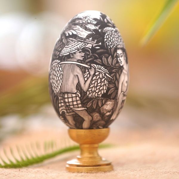 Alternate image for Artisan Crafted Balinese Wood Egg Sculpture Rice Farmer