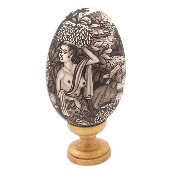 Alternate image for Artisan Crafted Balinese Wood Egg Sculpture Rice Farmer