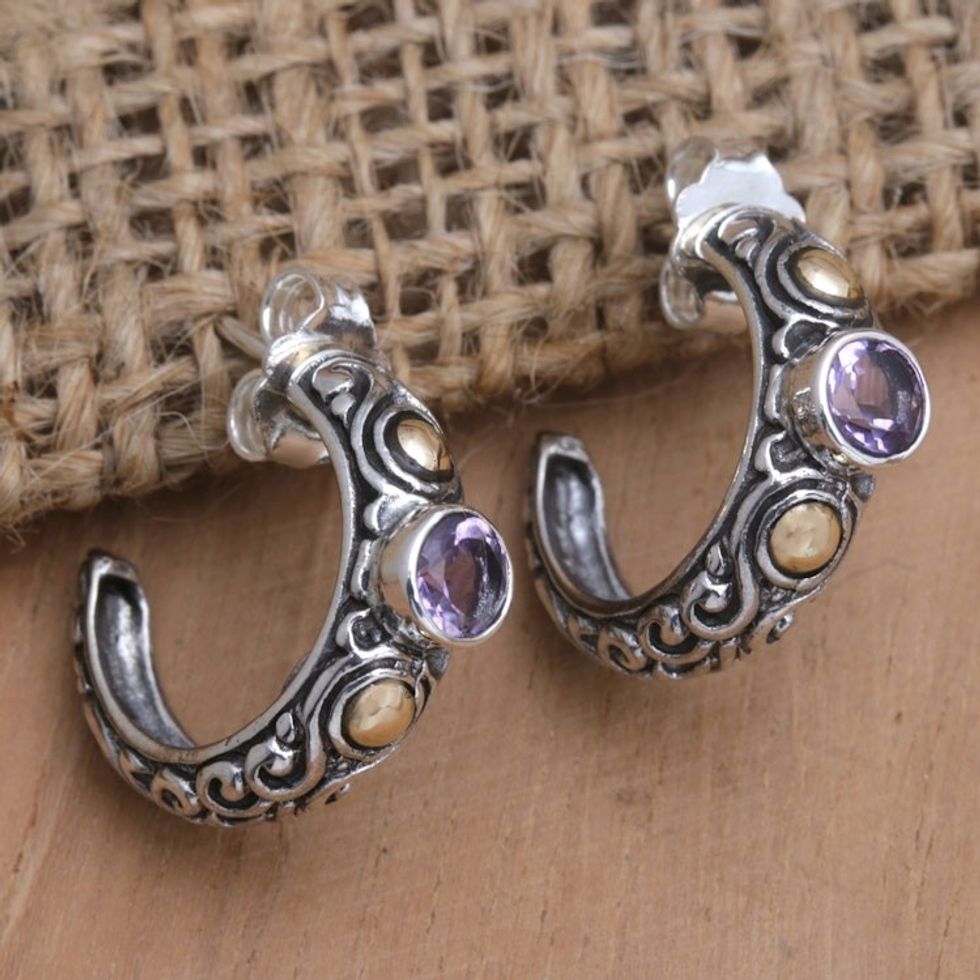 18k Gold-Accented Half-Hoop Earrings with Amethyst Stones 'Wise Affection'