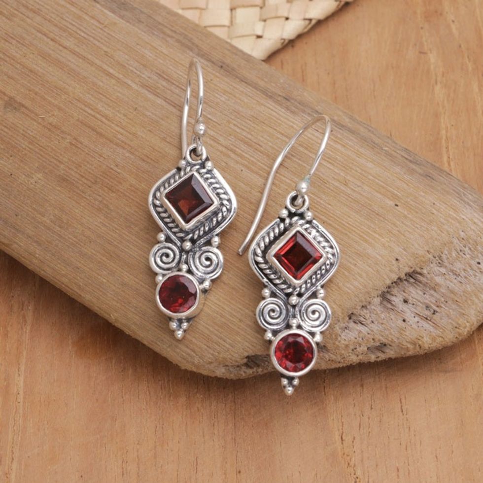 Garnet Sterling Silver Dangle Earrings Crafted in Bali 'Lovely and Witty'