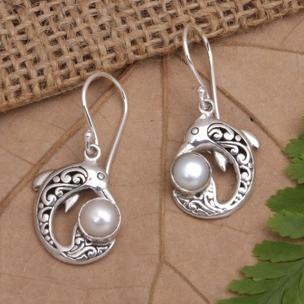 Sterling Silver and Cultured Pearl Dolphin Dangle Earrings 'Lovely Dolphins'