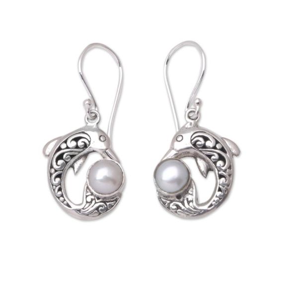 Alternate image for Sterling Silver and Cultured Pearl Dolphin Dangle Earrings Lovely Dolphins