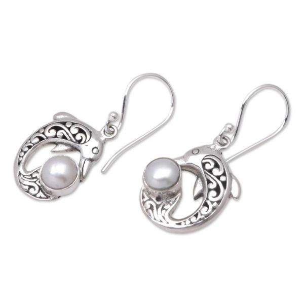Alternate image for Sterling Silver and Cultured Pearl Dolphin Dangle Earrings Lovely Dolphins
