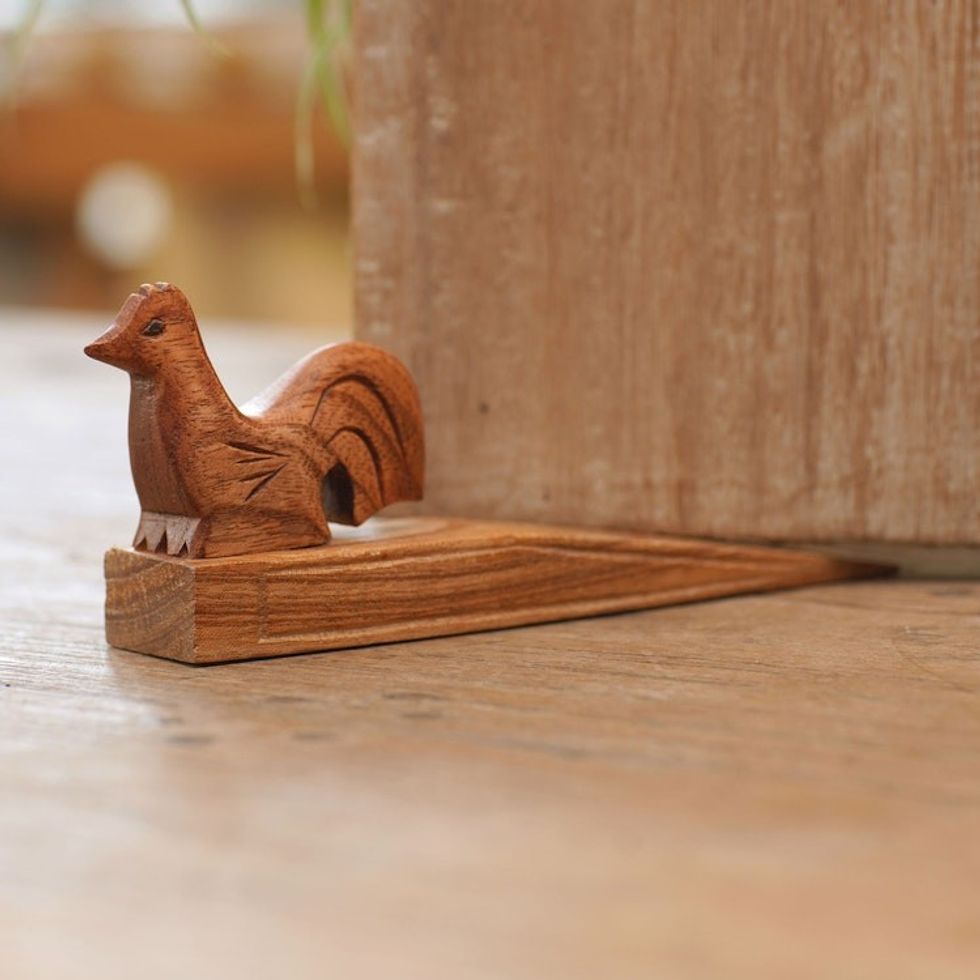 Handcrafted Wood Door Stop with Chicken Motif 'Farmyard Chick'