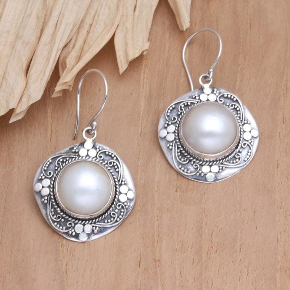 Sterling Silver and Cultured Pearl Dangle Earrings from Bali 'Around Heaven'