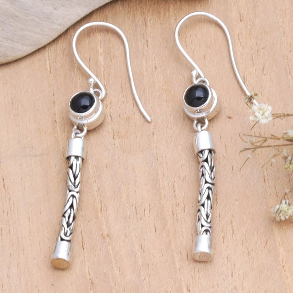 Onyx Sterling Silver Dangle Earrings Crafted in Bali 'Courageous Journey'