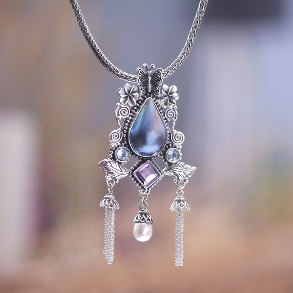 Balinese Sterling Silver Multi-Gemstone Pendant Necklace 'Garden of Luxury'