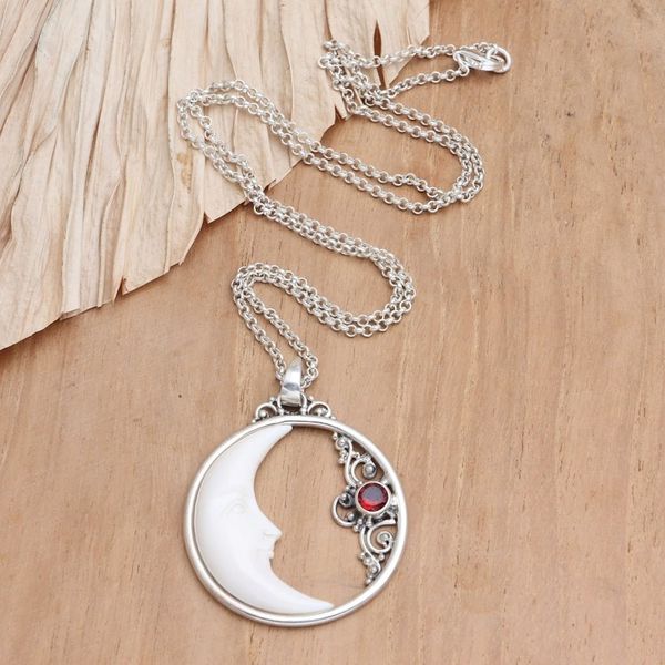 Alternate image for Garnet Pendant Necklace with Crescent Moon Motif Knighted Moon