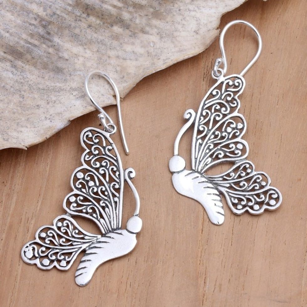 Sterling Silver Dangle Earrings with Butterfly Motif 'Soaring High'