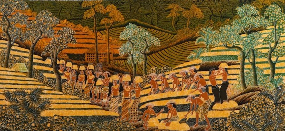 Unique Balinese Cotton Batik Painting of the Rice Harvest 'Rice Field Activities'