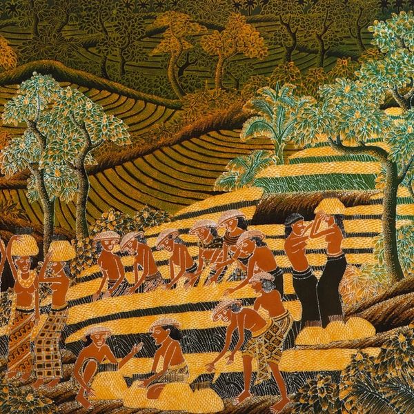 Alternate image for Unique Balinese Cotton Batik Painting of the Rice Harvest Rice Field Activities