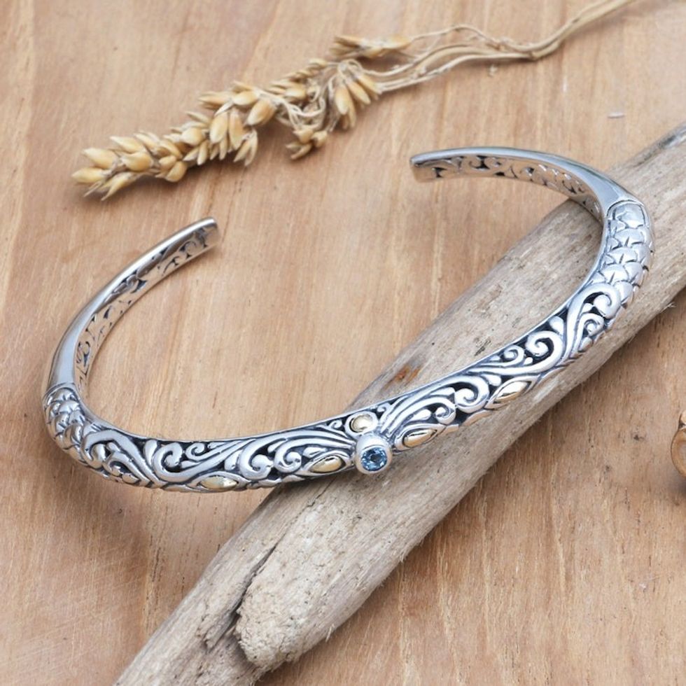 Handmade Sterling Silver Blue Topaz Cuff Bracelet from Bali 'Radiant Woman'
