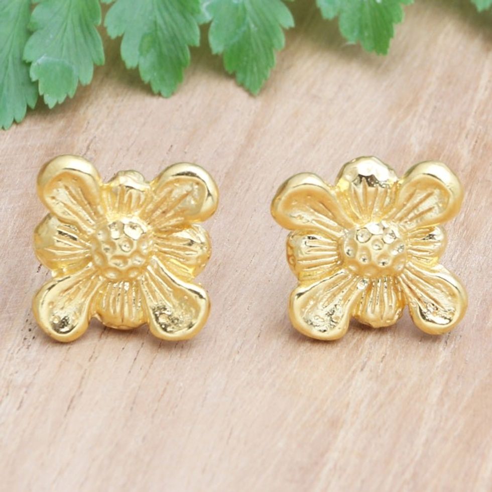 Artisan Crafted Button Earrings in 22k Gold Plate from Bali 'Idyllic Blooms'