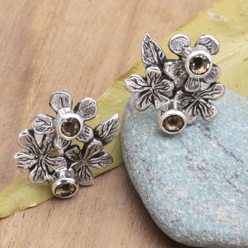 Sterling Silver Button Earrings with Citrine Stones 'Blooms in Winter'