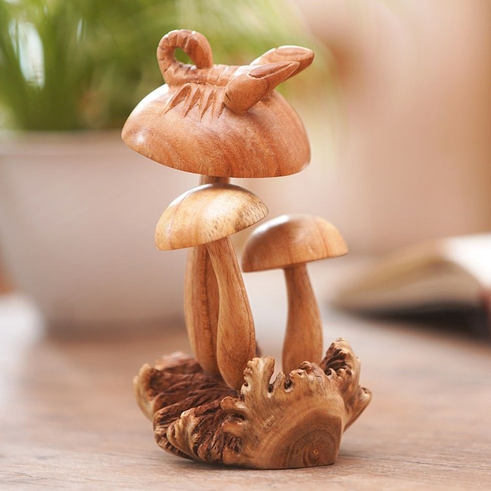 Mushroom Motif Wood Sculpture 'Fierce Scorpion'