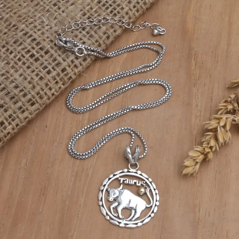 18k Gold-Accented Taurus Pendant Necklace from Bali 'Sparkling Taurus'