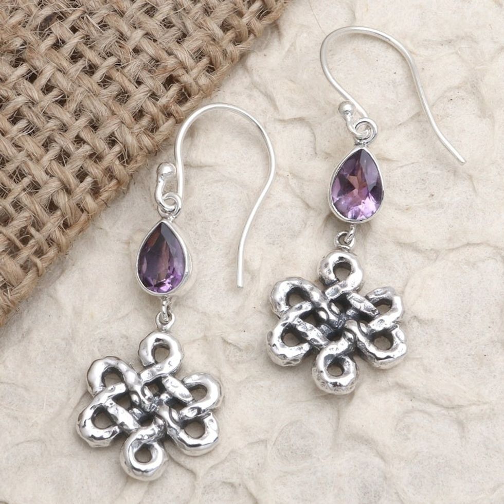 Celtic Knot Amethyst 925 Silver Dangle Earrings from Bali 'Bloom Dignity in Purple'