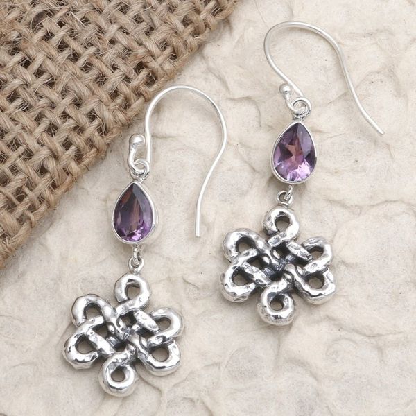 Alternate image for Celtic Knot Amethyst 925 Silver Dangle Earrings from Bali Bloom Dignity in Purple
