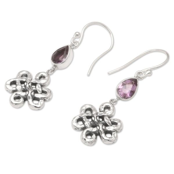 Alternate image for Celtic Knot Amethyst 925 Silver Dangle Earrings from Bali Bloom Dignity in Purple
