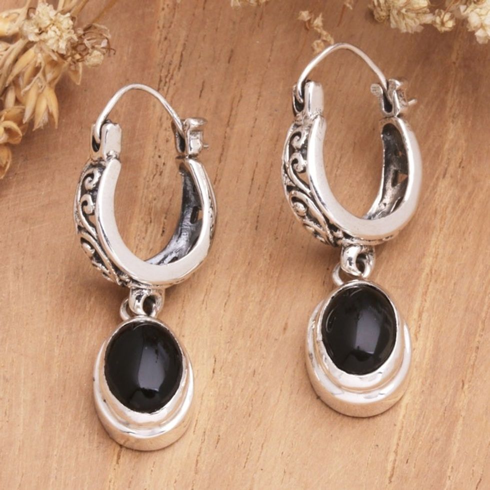 Balinese Sterling Silver Dangle Earrings with Onyx Stones 'Dark Beautiful Lady'