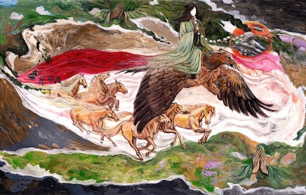 Surrealist Naturalism Painting on Canvas from Bali 'Prayer for Peace from Remote..'