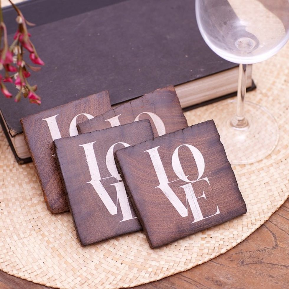 Reclaimed Ironwood Love Coasters Set of 4 'Sip of Love'