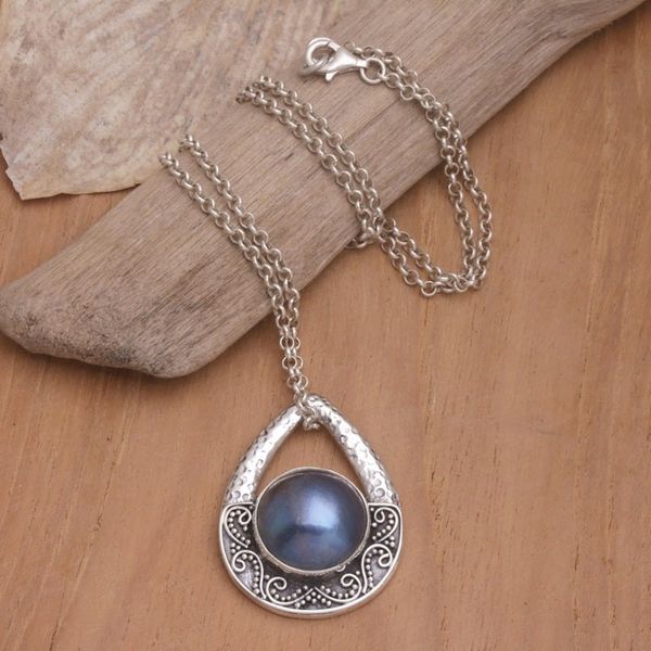 Alternate image for Sterling Silver Pendant Necklace with Blue Cultured Pearl Pearly Drop
