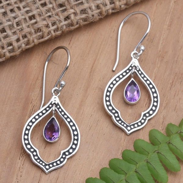 Alternate image for Amethyst and Sterling Silver Dangle Earrings from Indonesia Framed Raindrop