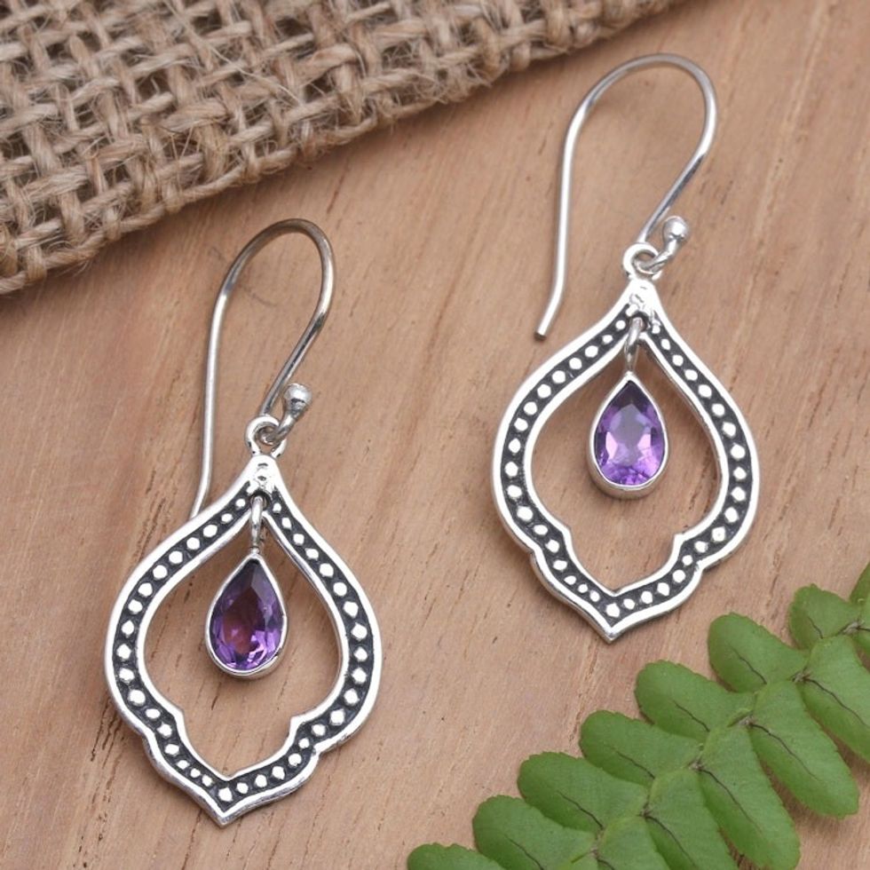 Amethyst and Sterling Silver Dangle Earrings from Indonesia 'Framed Raindrop'