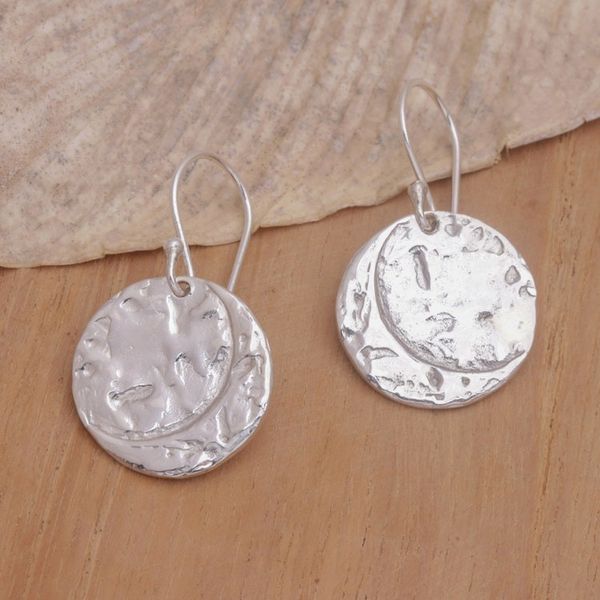 Alternate image for Handmade Circular Sterling Silver Dangle Earrings from Bali Lunar Crescents