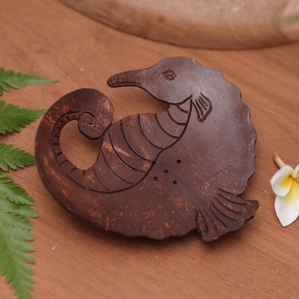 Aquatic Coconut Shell Soap Holder Hand Carved in Bali 'Serene Seahorse'
