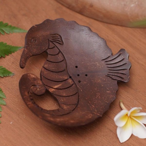 Alternate image for Aquatic Coconut Shell Soap Holder Hand Carved in Bali Serene Seahorse