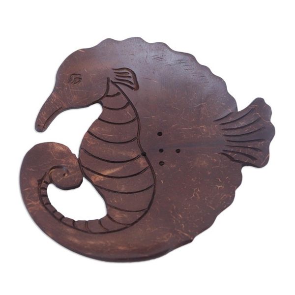 Alternate image for Aquatic Coconut Shell Soap Holder Hand Carved in Bali Serene Seahorse