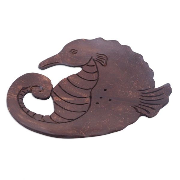 Alternate image for Aquatic Coconut Shell Soap Holder Hand Carved in Bali Serene Seahorse
