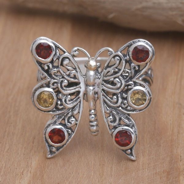 Alternate image for Garnet and Citrine Cocktail Ring Pretty Butterfly in Red