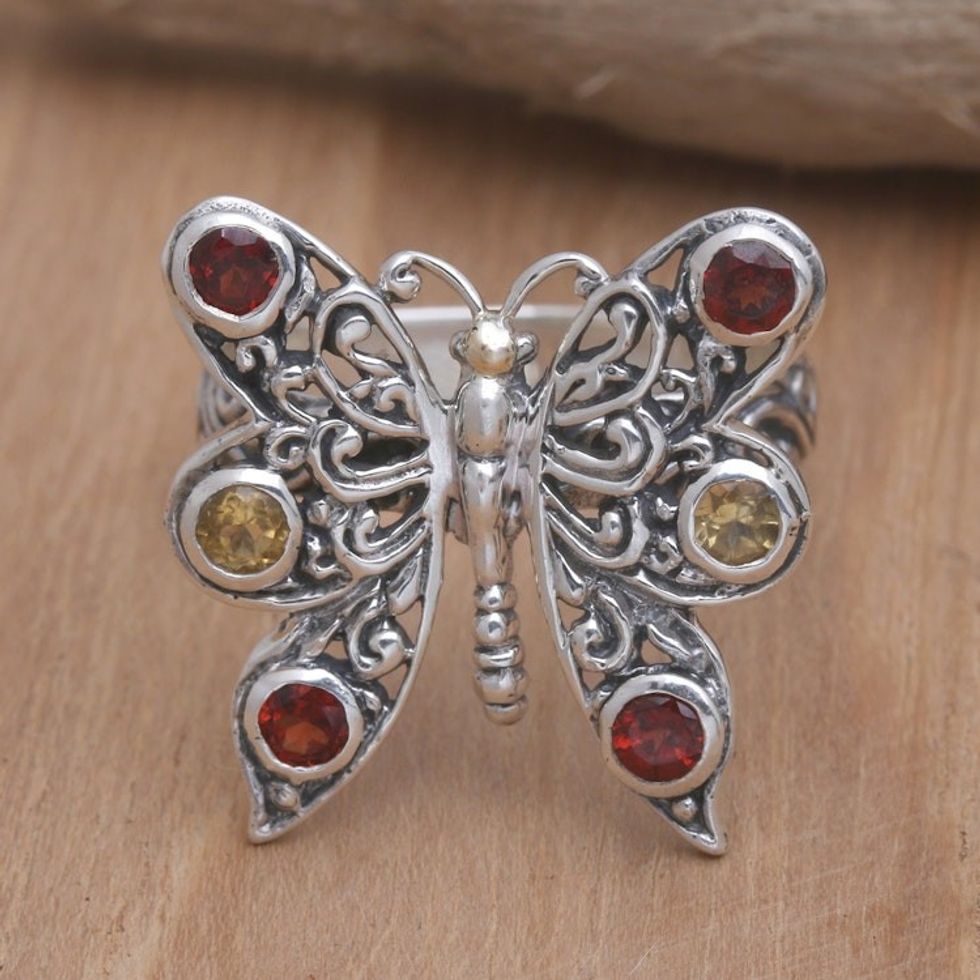 Garnet and Citrine Cocktail Ring 'Pretty Butterfly in Red'