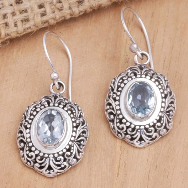 Alternate image for Balinese Sterling Silver Dangle Earrings with Blue Topaz Blue Medallion of Bali