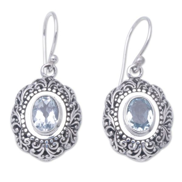 Alternate image for Balinese Sterling Silver Dangle Earrings with Blue Topaz Blue Medallion of Bali