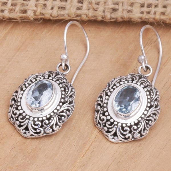 Alternate image for Balinese Sterling Silver Dangle Earrings with Blue Topaz Blue Medallion of Bali