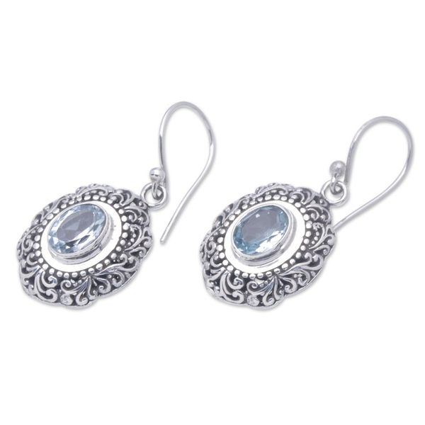 Alternate image for Balinese Sterling Silver Dangle Earrings with Blue Topaz Blue Medallion of Bali