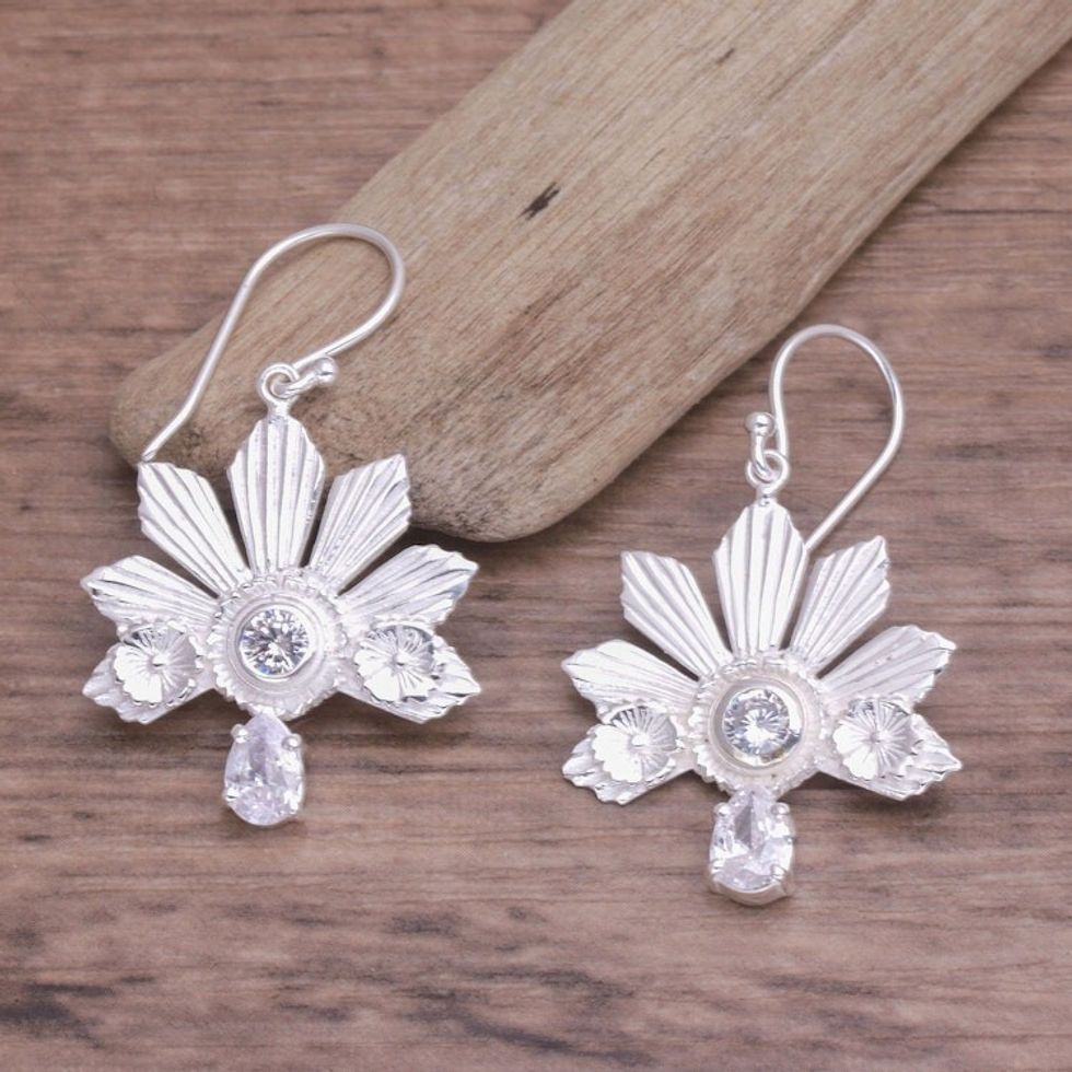 Sterling Silver and Cubic Zirconia Balinese Dangle Earrings 'Balinese Kepetan'