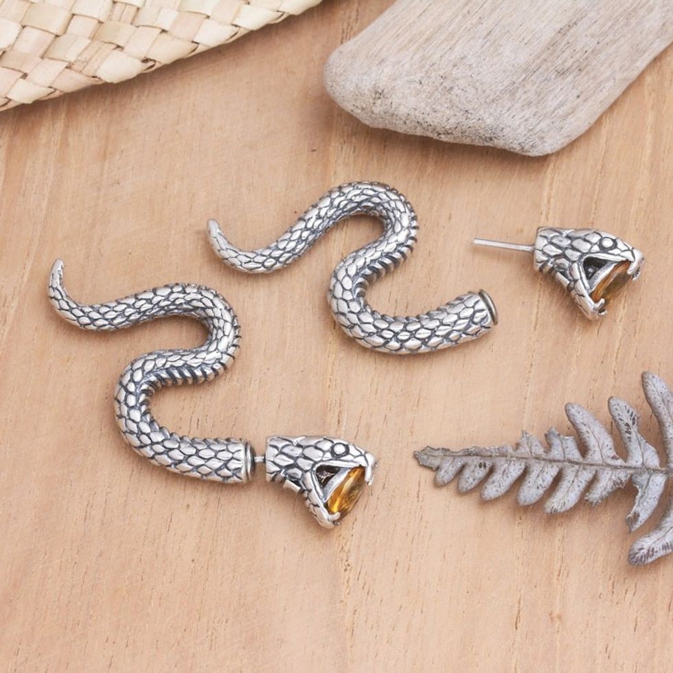 Sterling Silver Snake Drop Earrings with Citrine Stones 'Snake Attack in Yellow'