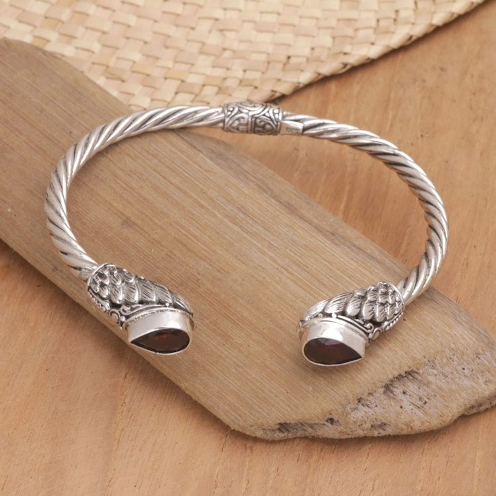 Balinese Sterling Silver Cuff Bracelet with Garnet Stones 'Stylish Red Feathers'