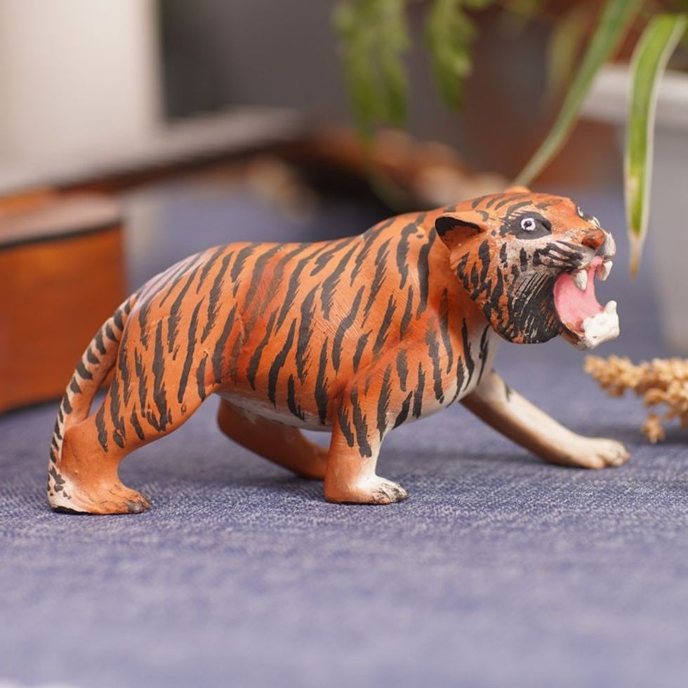 Tiger Wood Figurine Hand-carved Hand-painted in Indonesia 'Ferocious Tiger'