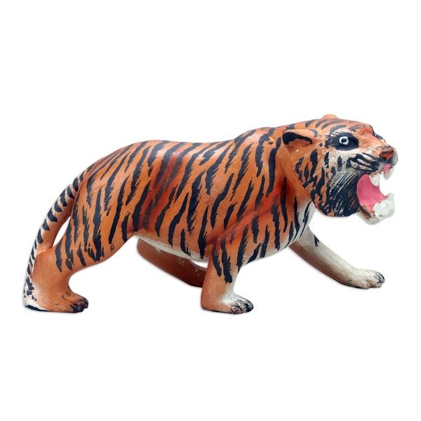 Alternate image for Tiger Wood Figurine Hand-carved Hand-painted in Indonesia Ferocious Tiger