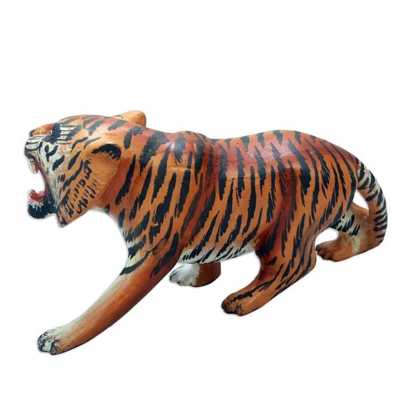 Alternate image for Tiger Wood Figurine Hand-carved Hand-painted in Indonesia Ferocious Tiger