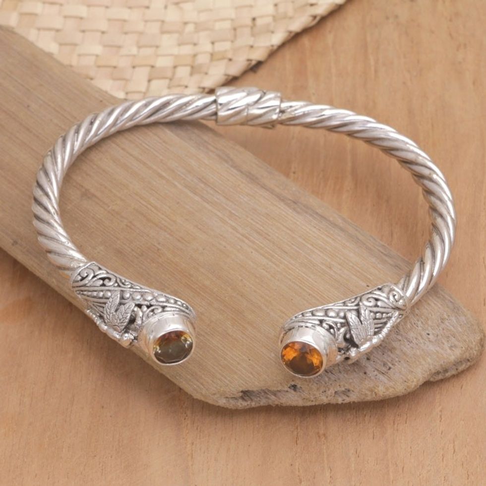 Sterling Silver Cuff Bracelet with Faceted Citrine Stones 'Citrine Dragonflies'
