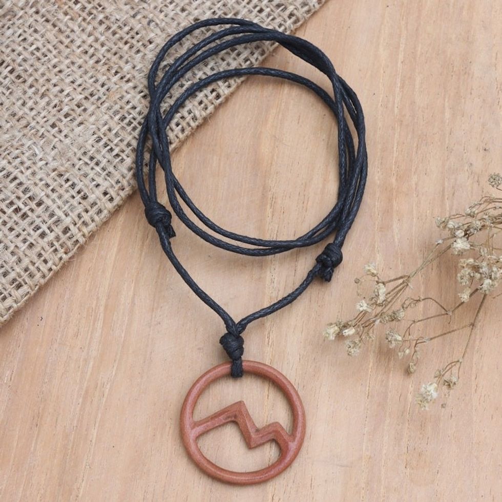 Balinese Cotton Cord and Wood Pendant Necklace 'Waves of Kuta'