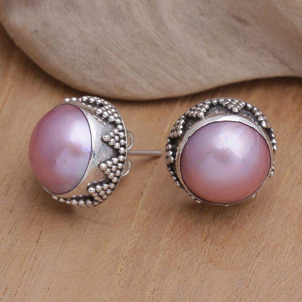 Geometric Sterling Silver Button Earrings with Pink Pearls 'Pink Pearl Treasure'